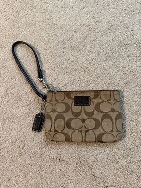Coach Khaki/Brown Signature Canvas Wristlet with Leather Strap
